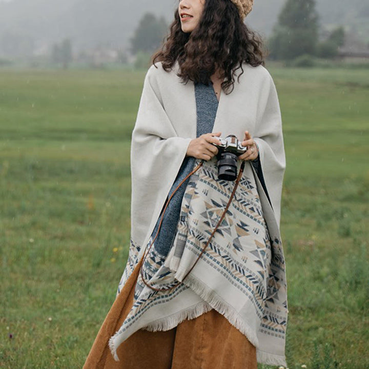 Buddha Stones con motivo geometrico beige tibetano con nappe, autunno inverno, sciarpa calda avvolgente