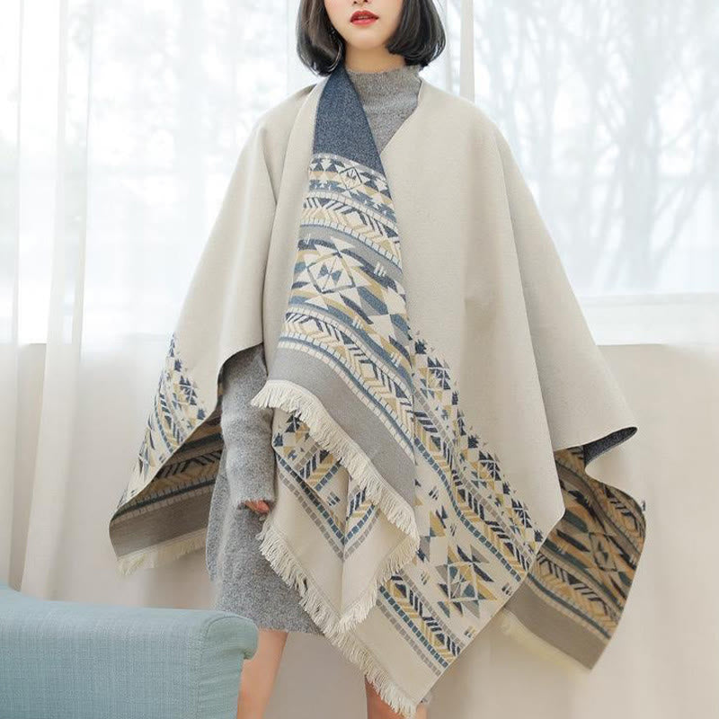 Buddha Stones con motivo geometrico beige tibetano con nappe, autunno inverno, sciarpa calda avvolgente
