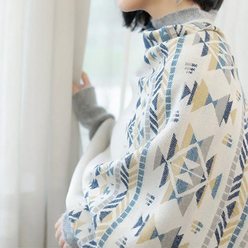 Buddha Stones con motivo geometrico beige tibetano con nappe, autunno inverno, sciarpa calda avvolgente - image 6