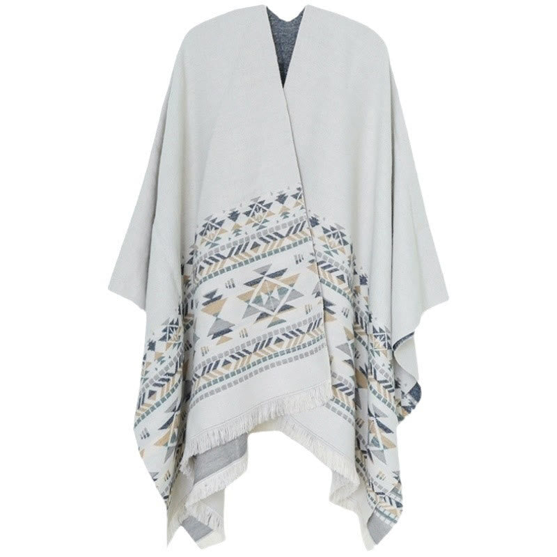 Buddha Stones con motivo geometrico beige tibetano con nappe, autunno inverno, sciarpa calda avvolgente