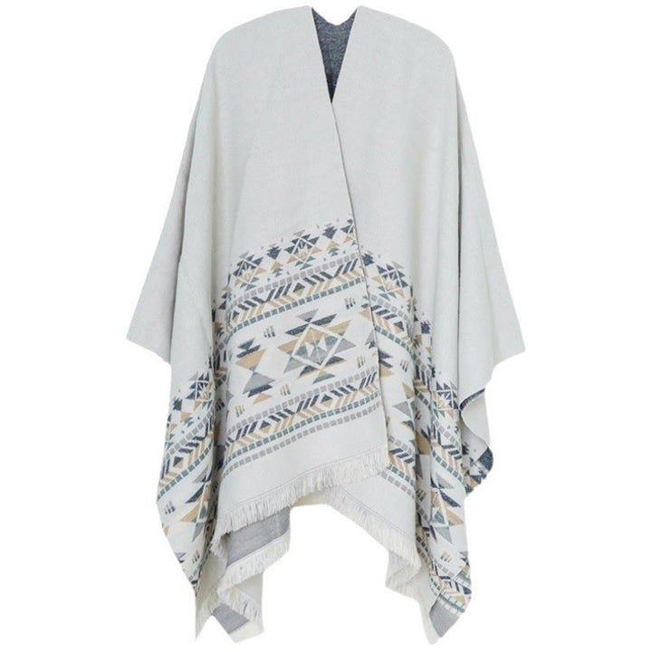 Buddha Stones con motivo geometrico beige tibetano con nappe, autunno inverno, sciarpa calda avvolgente