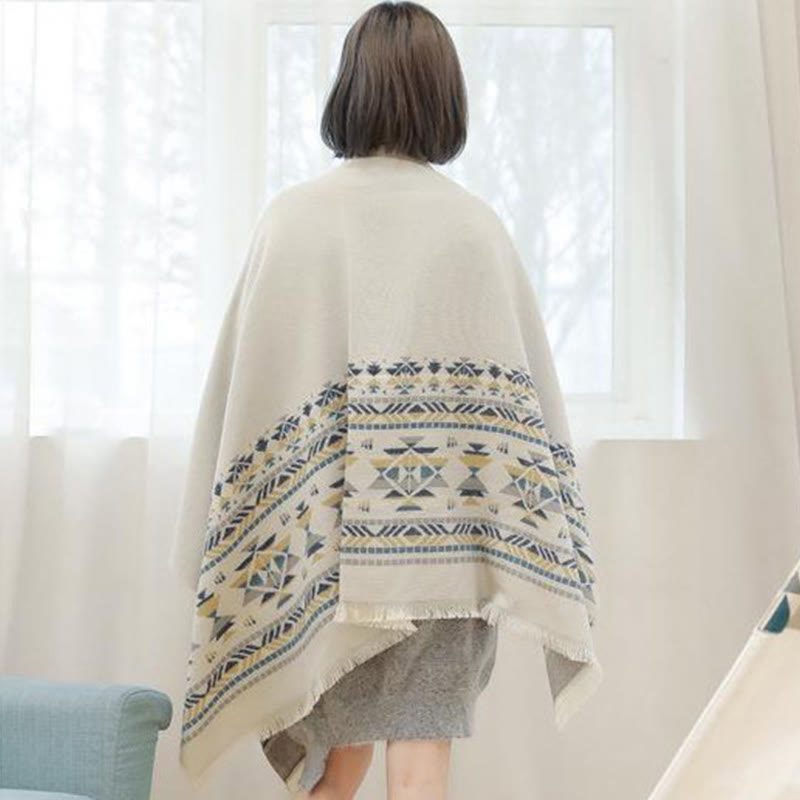 Buddha Stones con motivo geometrico beige tibetano con nappe, autunno inverno, sciarpa calda avvolgente - image 5