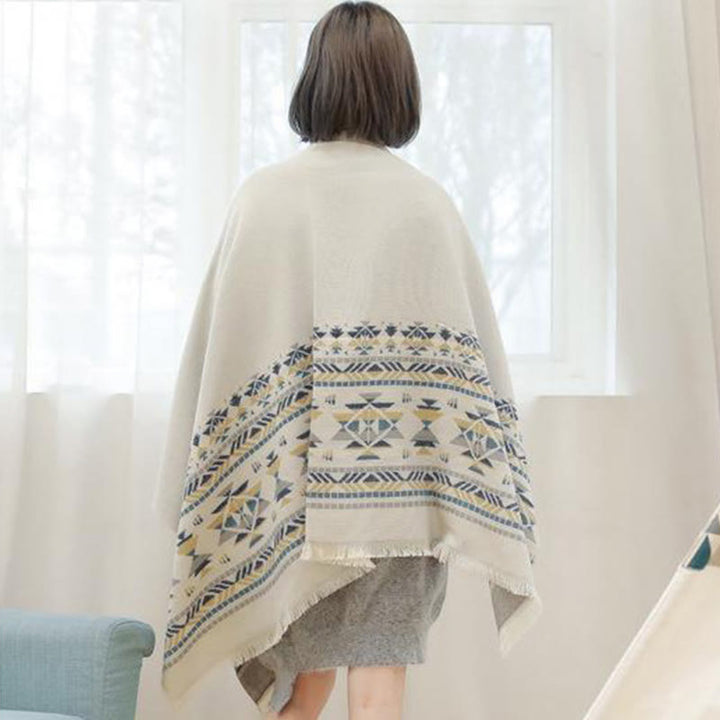 Buddha Stones con motivo geometrico beige tibetano con nappe, autunno inverno, sciarpa calda avvolgente - image 5