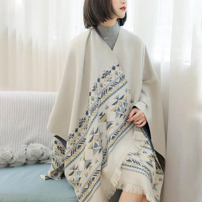 Buddha Stones con motivo geometrico beige tibetano con nappe, autunno inverno, sciarpa calda avvolgente