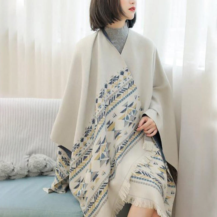 Buddha Stones con motivo geometrico beige tibetano con nappe, autunno inverno, sciarpa calda avvolgente