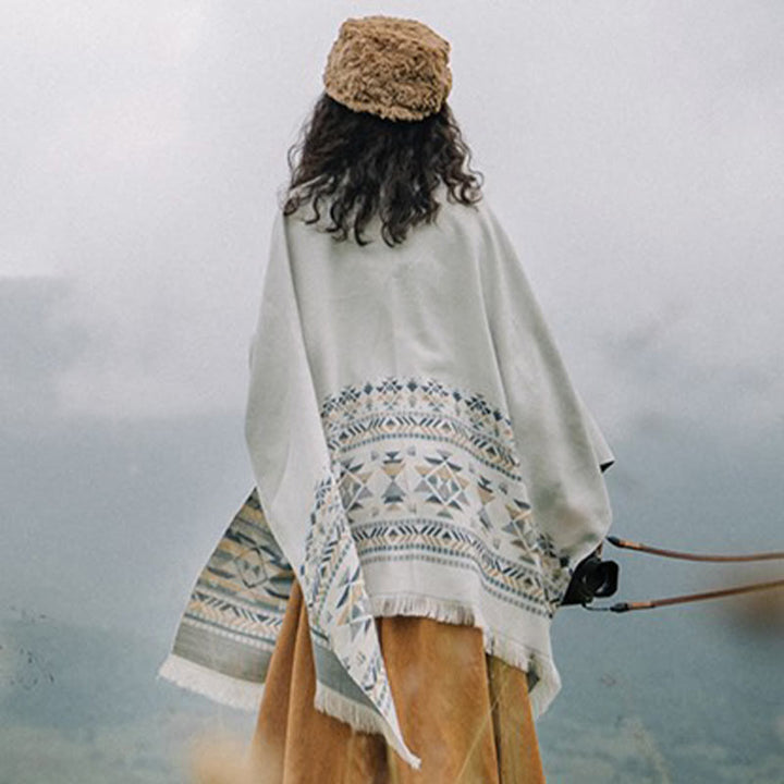 Buddha Stones con motivo geometrico beige tibetano con nappe, autunno inverno, sciarpa calda avvolgente - image 2