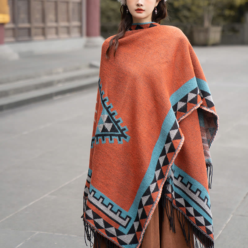Buddha Stones con motivo geometrico a rombi arancioni tibetano, nappe, sciarpa calda invernale autunnale