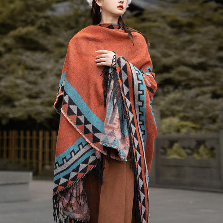 Buddha Stones con motivo geometrico a rombi arancioni tibetano, nappe, sciarpa calda invernale autunnale - image 11