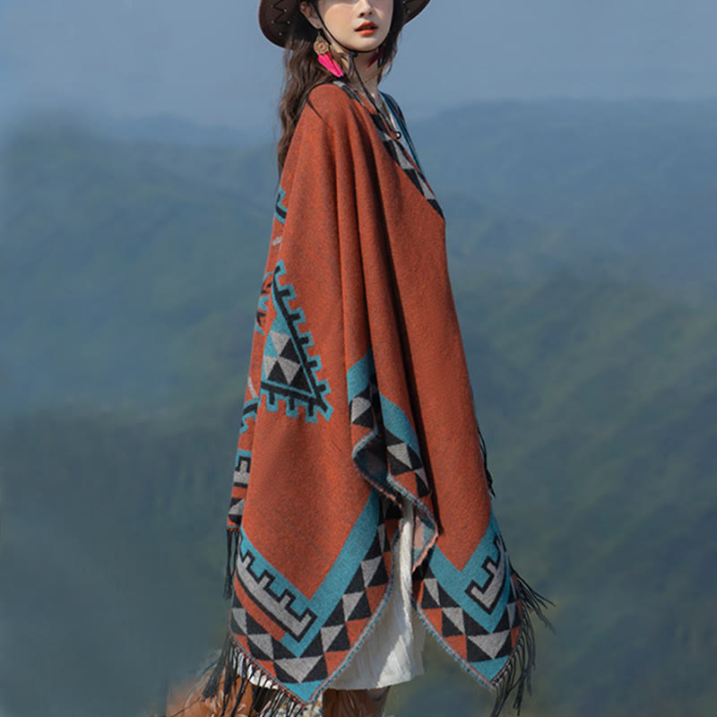 Buddha Stones con motivo geometrico a rombi arancioni tibetano, nappe, sciarpa calda invernale autunnale - image 6