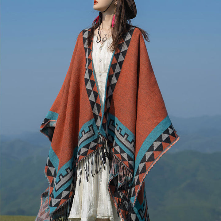 Buddha Stones con motivo geometrico a rombi arancioni tibetano, nappe, sciarpa calda invernale autunnale - image 5