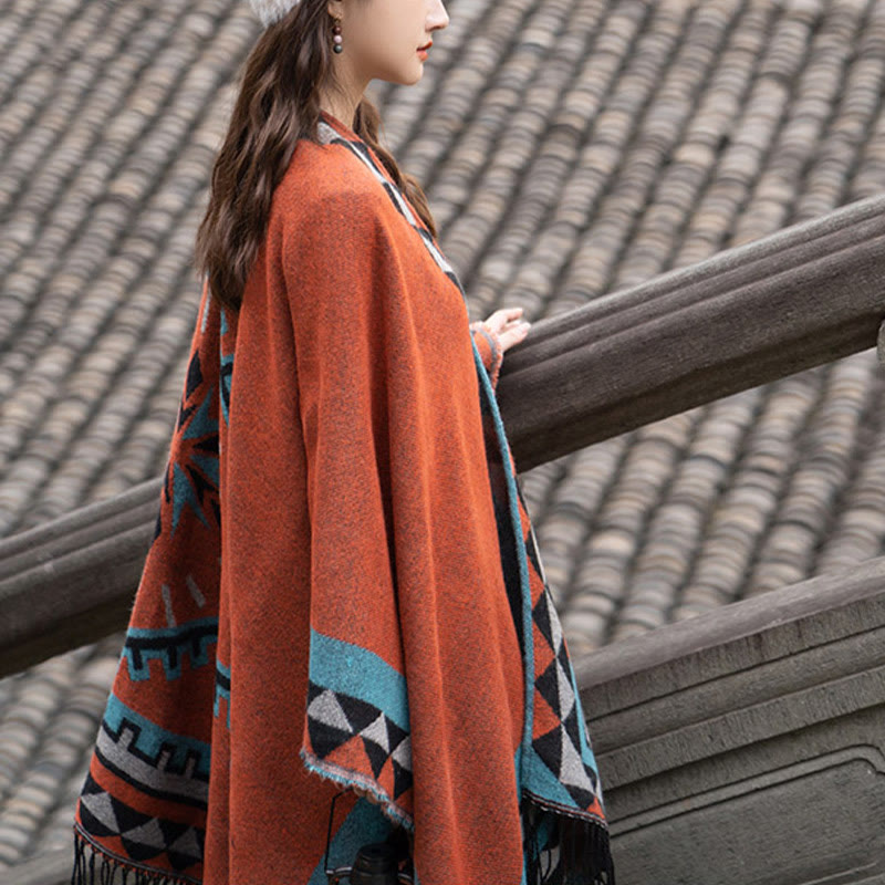 Buddha Stones con motivo geometrico a rombi arancioni tibetano, nappe, sciarpa calda invernale autunnale - image 10
