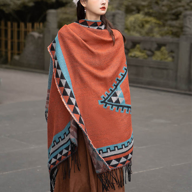 Buddha Stones con motivo geometrico a rombi arancioni tibetano, nappe, sciarpa calda invernale autunnale - image 9