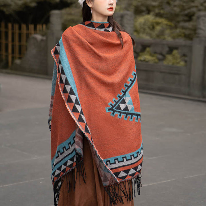 Buddha Stones con motivo geometrico a rombi arancioni tibetano, nappe, sciarpa calda invernale autunnale - image 9