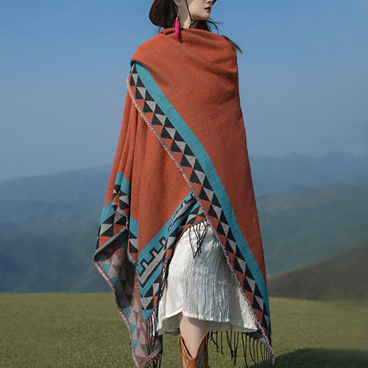 Buddha Stones con motivo geometrico a rombi arancioni tibetano, nappe, sciarpa calda invernale autunnale - image 7