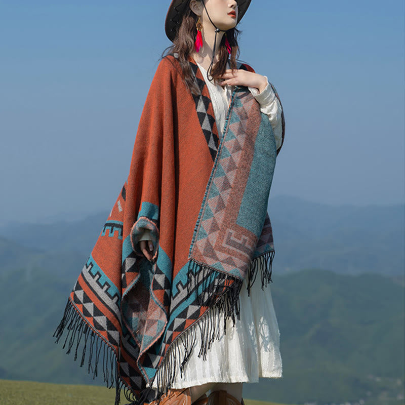 Buddha Stones con motivo geometrico a rombi arancioni tibetano, nappe, sciarpa calda invernale autunnale - image 3