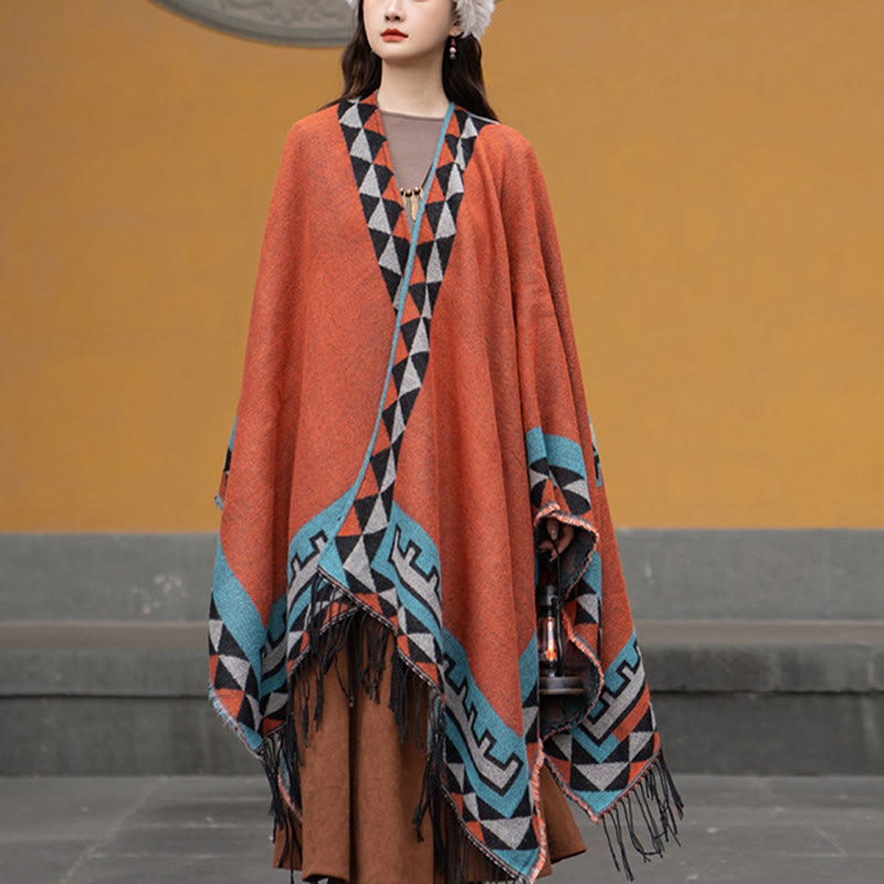 Buddha Stones con motivo geometrico a rombi arancioni tibetano, nappe, sciarpa calda invernale autunnale - image 13