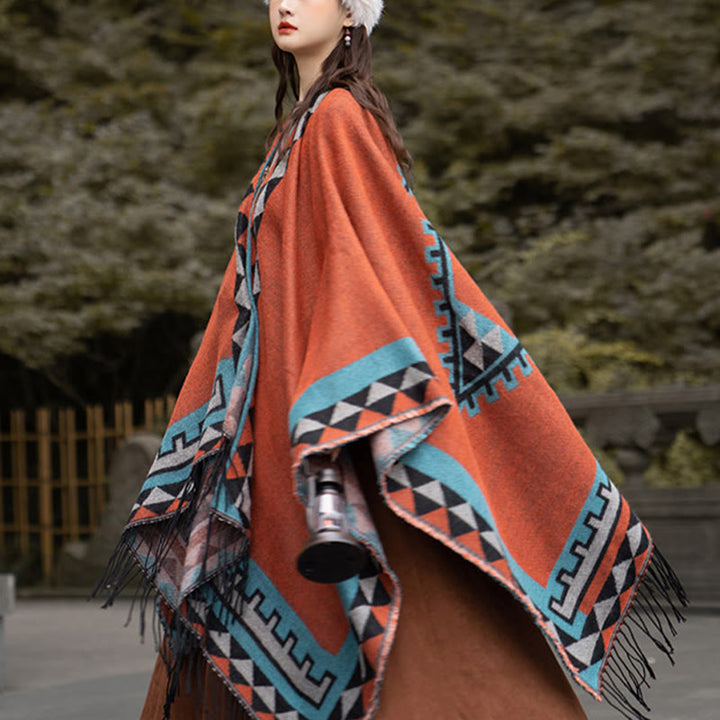 Buddha Stones con motivo geometrico a rombi arancioni tibetano, nappe, sciarpa calda invernale autunnale - image 12
