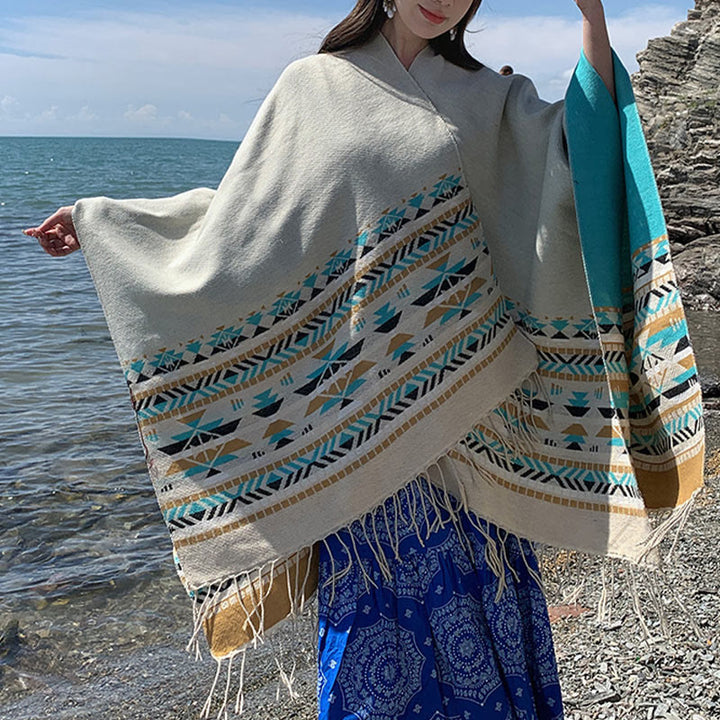 Buddha Stones con motivo geometrico a rombi tibetano, motivo a nappe, autunno inverno, caldo e accogliente, sciarpa avvolgente - image 27