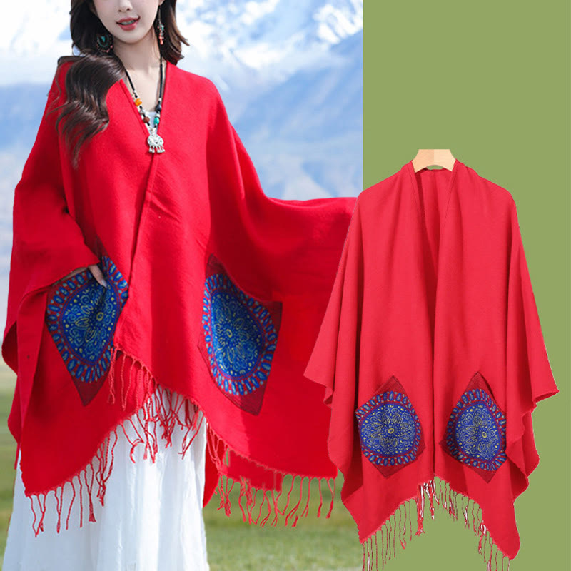 Buddha Stones con nappe, scialle avvolgente con tasche, motivo geometrico rotondo mandala tibetano, autunno inverno