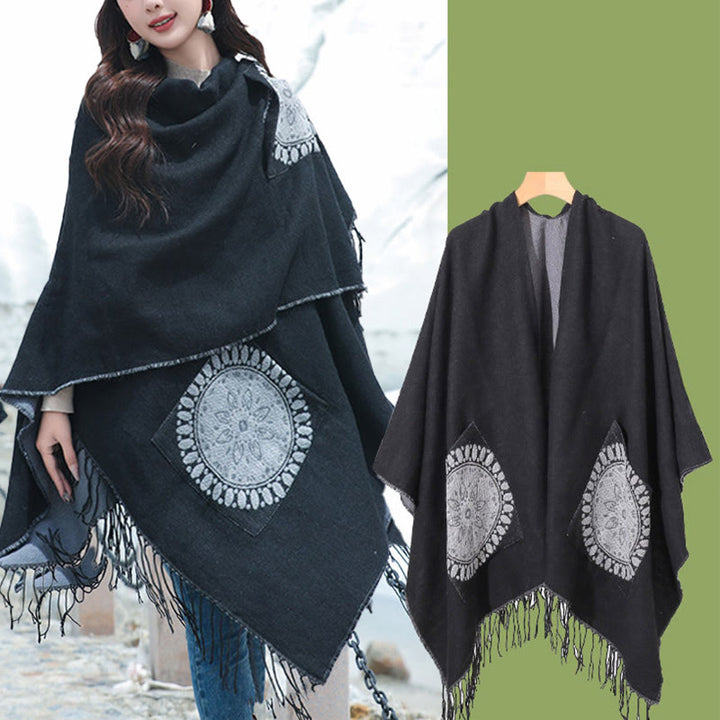 Buddha Stones con nappe, scialle avvolgente con tasche, motivo geometrico rotondo mandala tibetano, autunno inverno