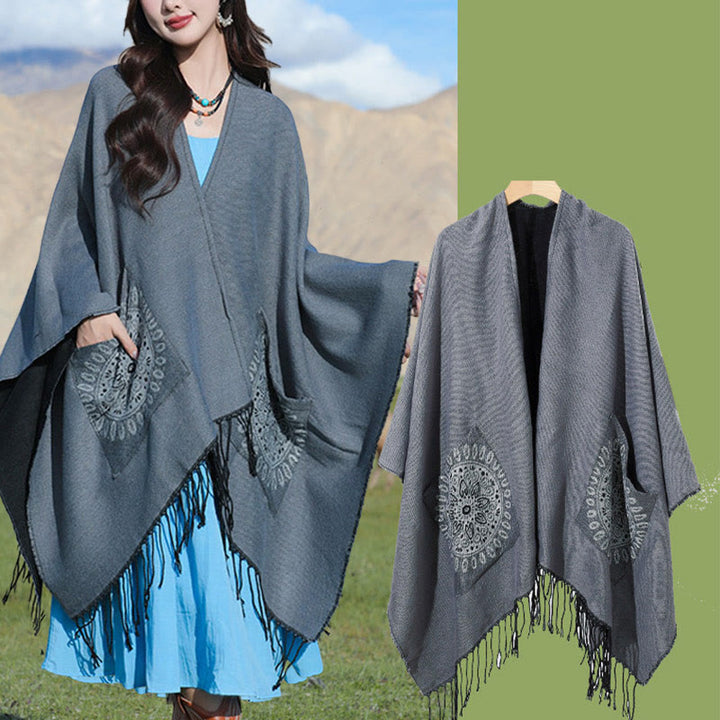 Buddha Stones con nappe, scialle avvolgente con tasche, motivo geometrico rotondo mandala tibetano, autunno inverno