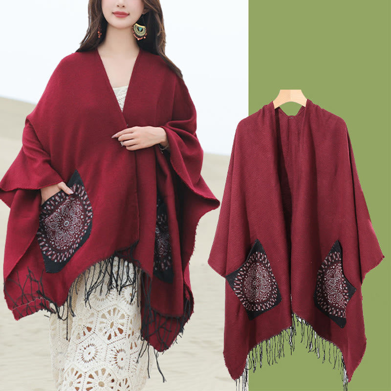 Buddha Stones con nappe, scialle avvolgente con tasche, motivo geometrico rotondo mandala tibetano, autunno inverno