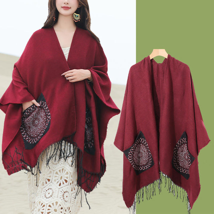 Buddha Stones con nappe, scialle avvolgente con tasche, motivo geometrico rotondo mandala tibetano, autunno inverno