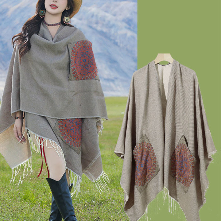Buddha Stones con nappe, scialle avvolgente con tasche, motivo geometrico rotondo mandala tibetano, autunno inverno