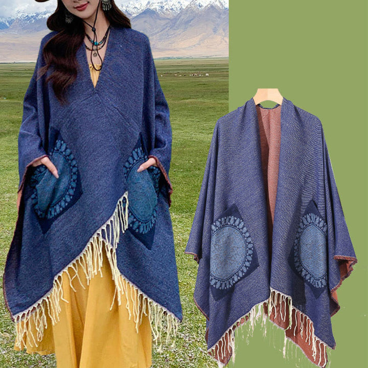 Buddha Stones con nappe, scialle avvolgente con tasche, motivo geometrico rotondo mandala tibetano, autunno inverno
