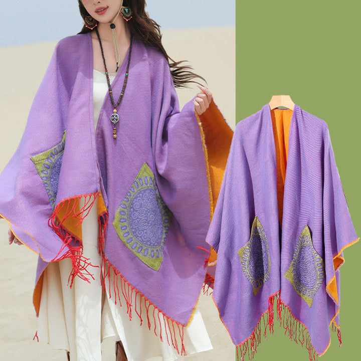 Buddha Stones con nappe, scialle avvolgente con tasche, motivo geometrico rotondo mandala tibetano, autunno inverno - image 44