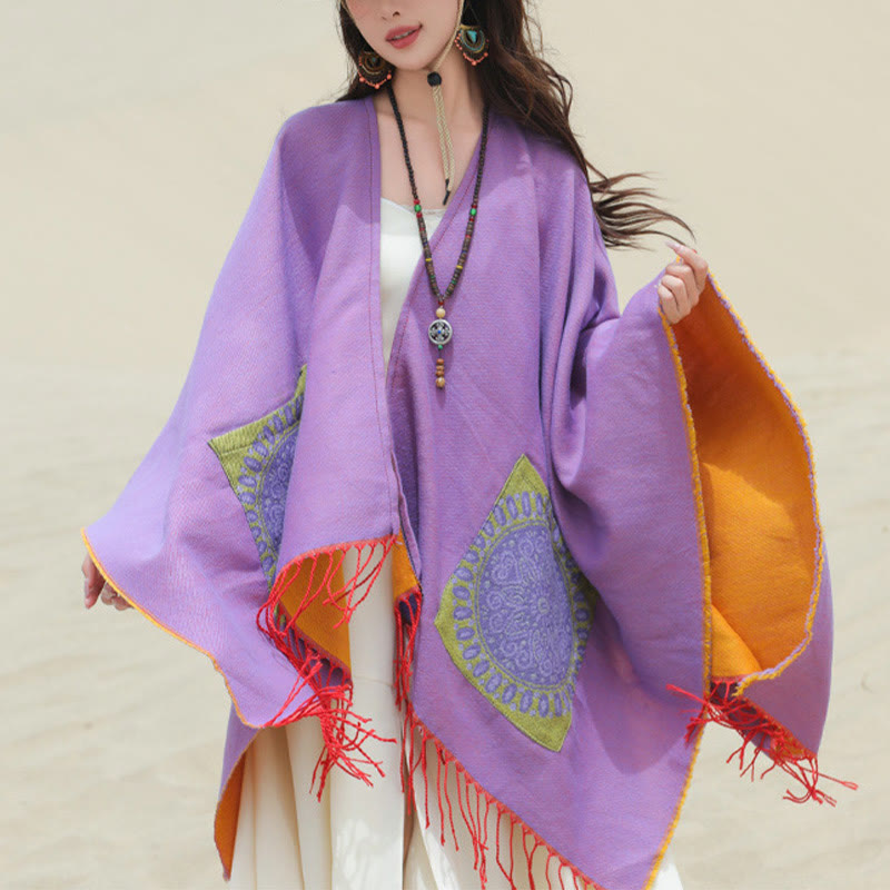 Buddha Stones con nappe, scialle avvolgente con tasche, motivo geometrico rotondo mandala tibetano, autunno inverno