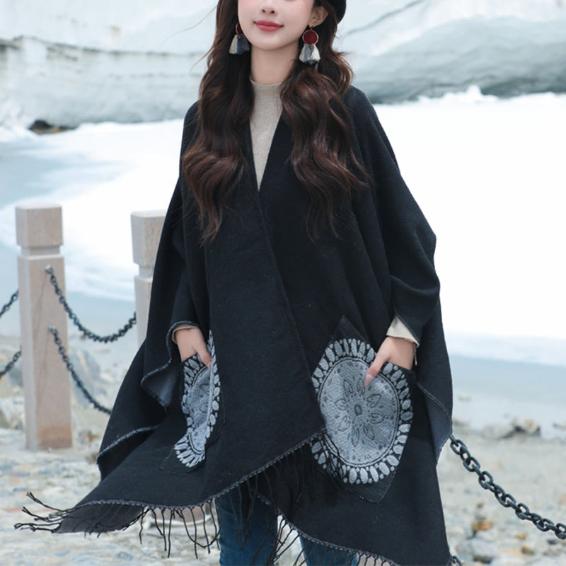 Buddha Stones con nappe, scialle avvolgente con tasche, motivo geometrico rotondo mandala tibetano, autunno inverno - image 9