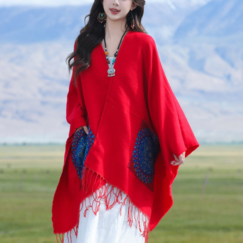 Buddha Stones con nappe, scialle avvolgente con tasche, motivo geometrico rotondo mandala tibetano, autunno inverno - image 2