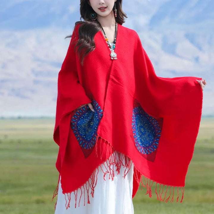 Buddha Stones con nappe, scialle avvolgente con tasche, motivo geometrico rotondo mandala tibetano, autunno inverno - image 1