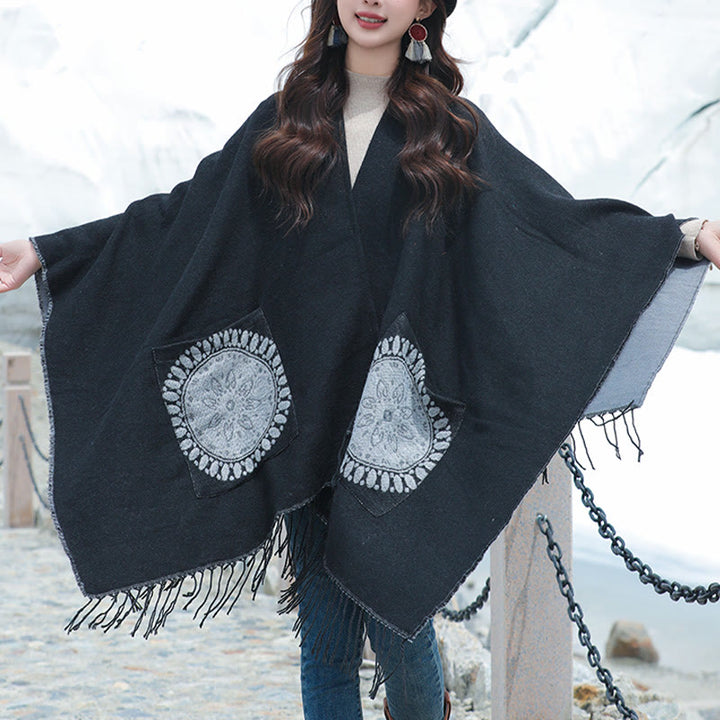 Buddha Stones con nappe, scialle avvolgente con tasche, motivo geometrico rotondo mandala tibetano, autunno inverno