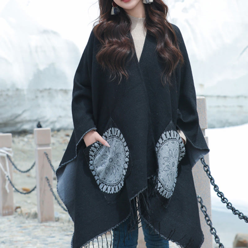 Buddha Stones con nappe, scialle avvolgente con tasche, motivo geometrico rotondo mandala tibetano, autunno inverno - Nero - 140*155 cm - image 6