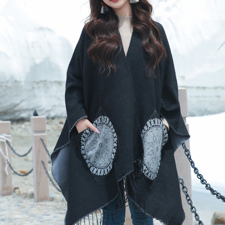Buddha Stones con nappe, scialle avvolgente con tasche, motivo geometrico rotondo mandala tibetano, autunno inverno - Nero - 140*155 cm - image 6