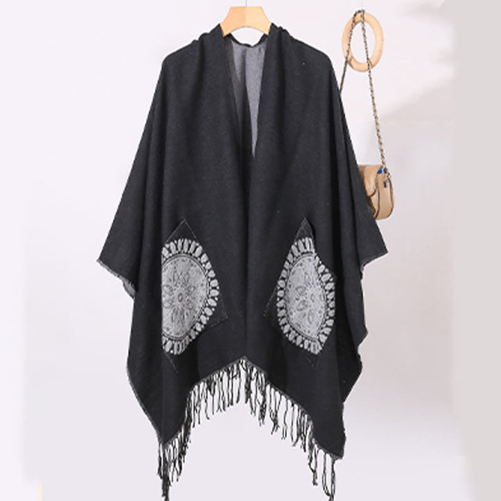 Buddha Stones con nappe, scialle avvolgente con tasche, motivo geometrico rotondo mandala tibetano, autunno inverno