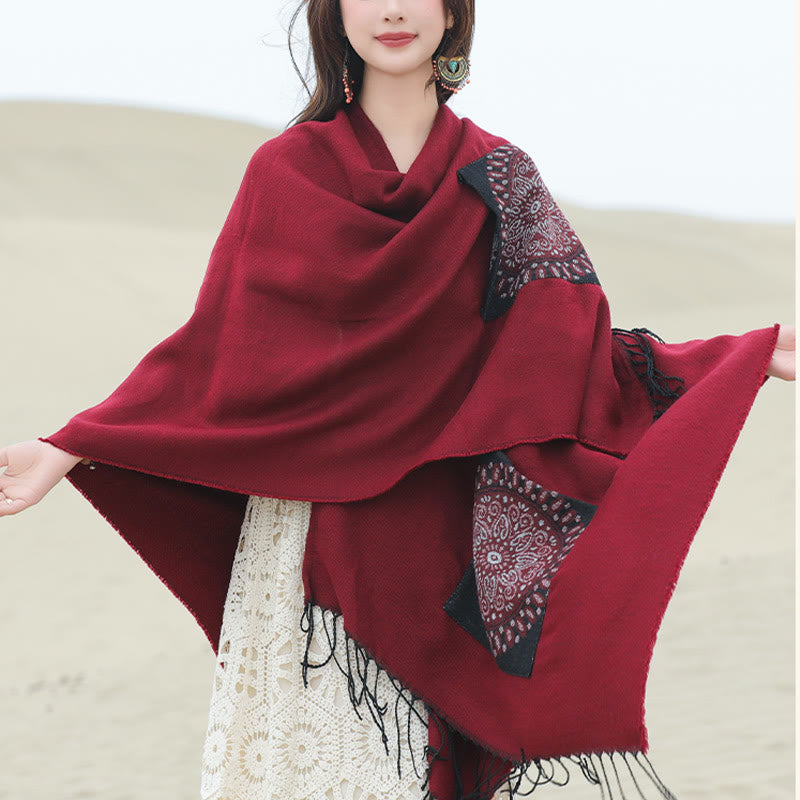 Buddha Stones con nappe, scialle avvolgente con tasche, motivo geometrico rotondo mandala tibetano, autunno inverno