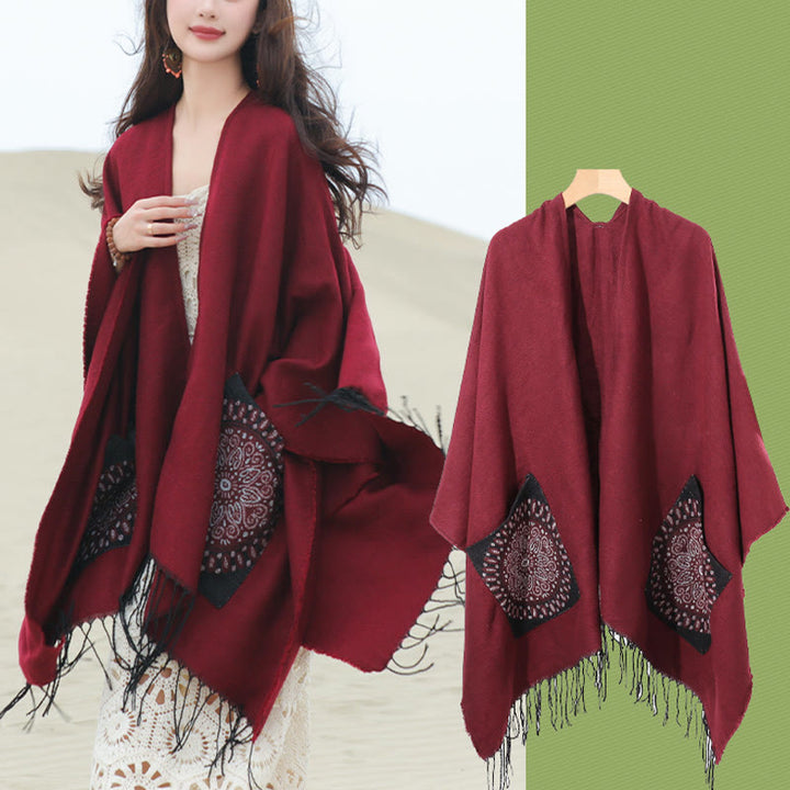 Buddha Stones con nappe, scialle avvolgente con tasche, motivo geometrico rotondo mandala tibetano, autunno inverno