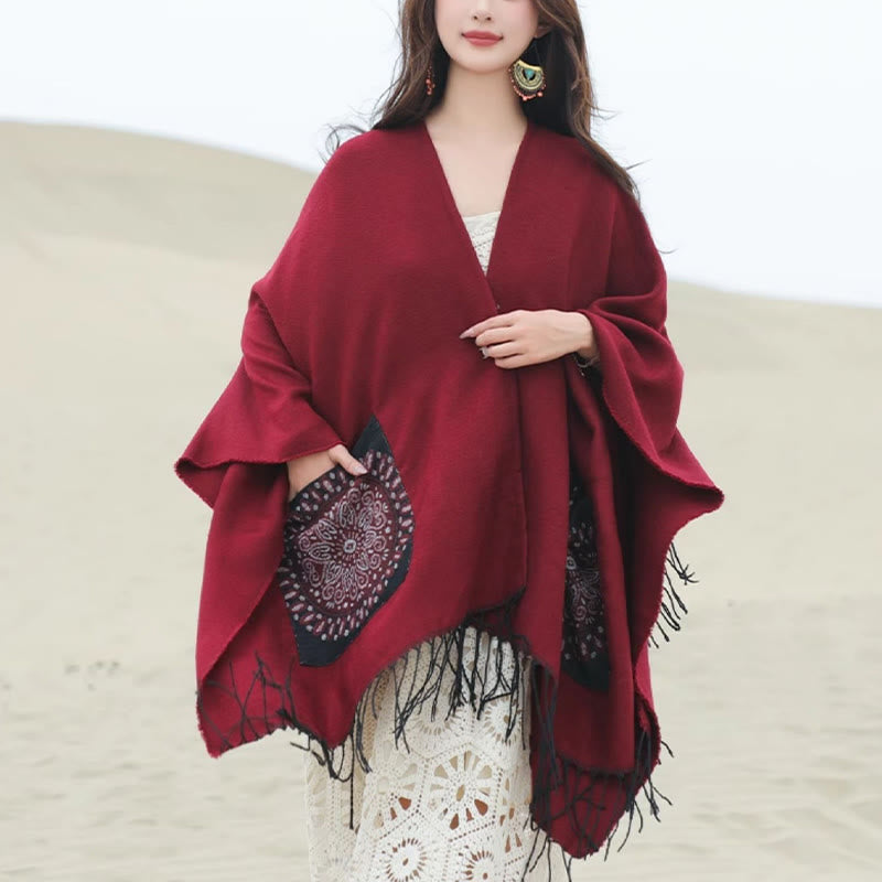 Buddha Stones con nappe, scialle avvolgente con tasche, motivo geometrico rotondo mandala tibetano, autunno inverno