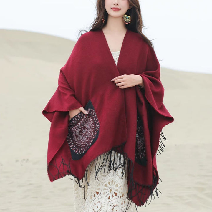Buddha Stones con nappe, scialle avvolgente con tasche, motivo geometrico rotondo mandala tibetano, autunno inverno