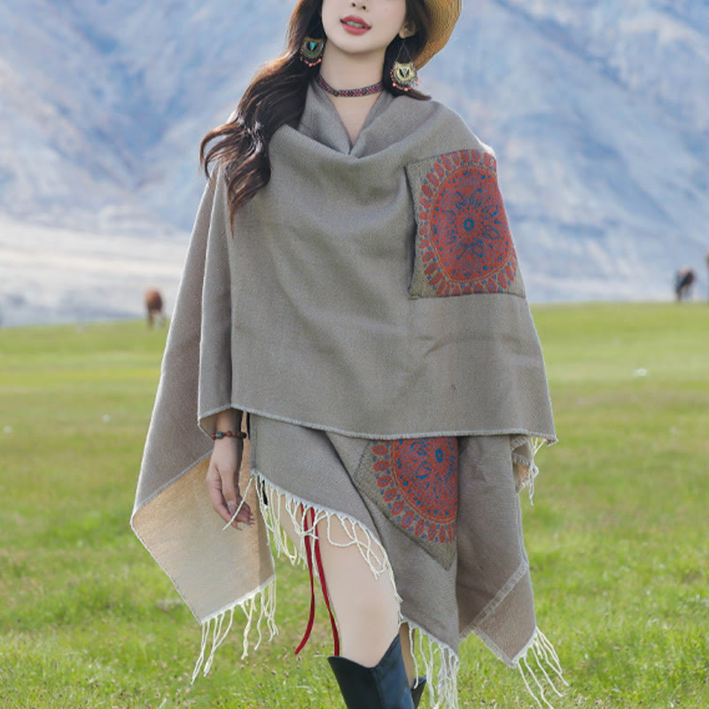 Buddha Stones con nappe, scialle avvolgente con tasche, motivo geometrico rotondo mandala tibetano, autunno inverno - Cachi scuro - 140*155 cm - image 27