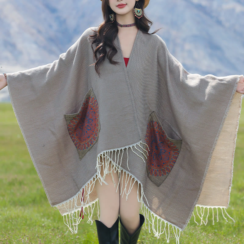 Buddha Stones con nappe, scialle avvolgente con tasche, motivo geometrico rotondo mandala tibetano, autunno inverno - image 29