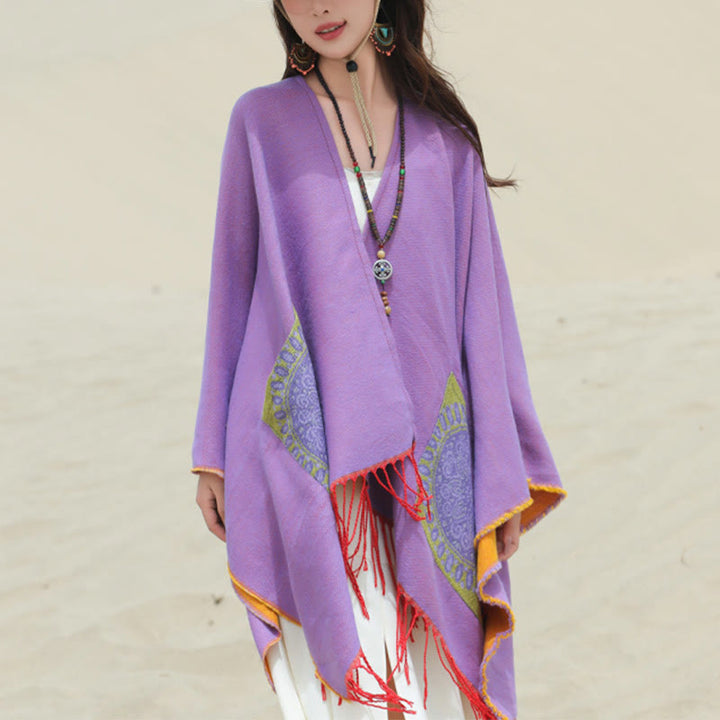 Buddha Stones con nappe, scialle avvolgente con tasche, motivo geometrico rotondo mandala tibetano, autunno inverno - image 40