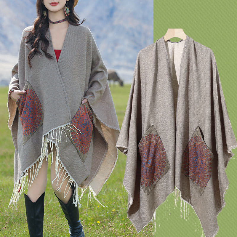 Buddha Stones con nappe, scialle avvolgente con tasche, motivo geometrico rotondo mandala tibetano, autunno inverno