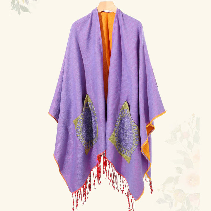 Buddha Stones con nappe, scialle avvolgente con tasche, motivo geometrico rotondo mandala tibetano, autunno inverno