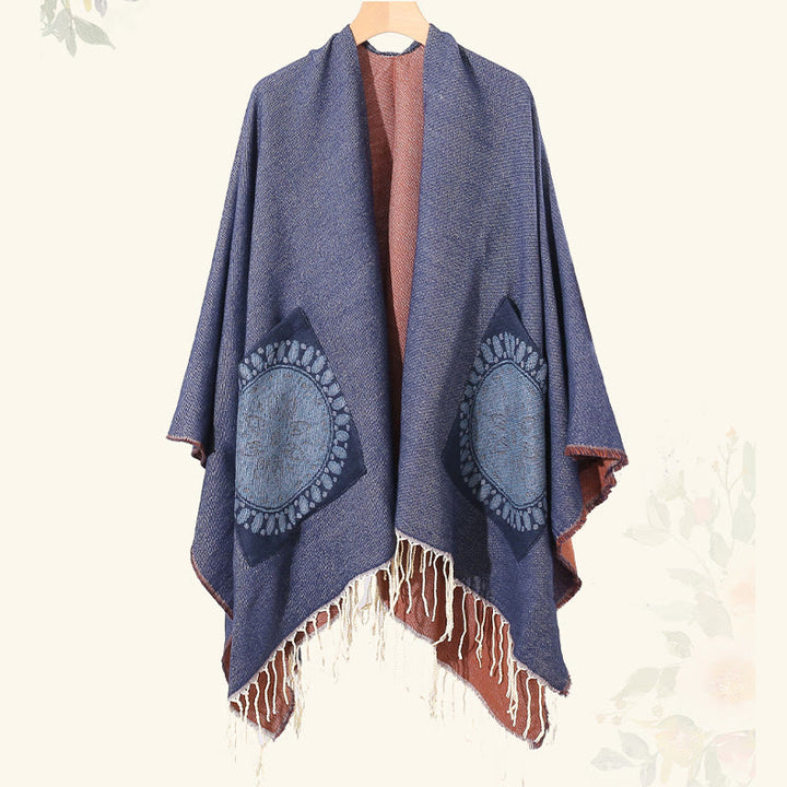 Buddha Stones con nappe, scialle avvolgente con tasche, motivo geometrico rotondo mandala tibetano, autunno inverno