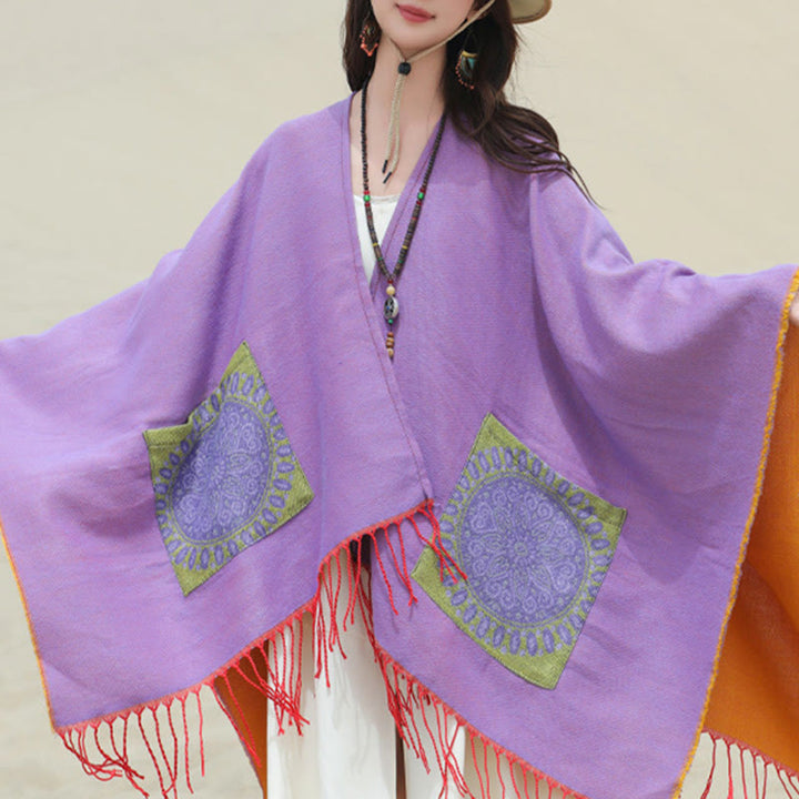 Buddha Stones con nappe, scialle avvolgente con tasche, motivo geometrico rotondo mandala tibetano, autunno inverno