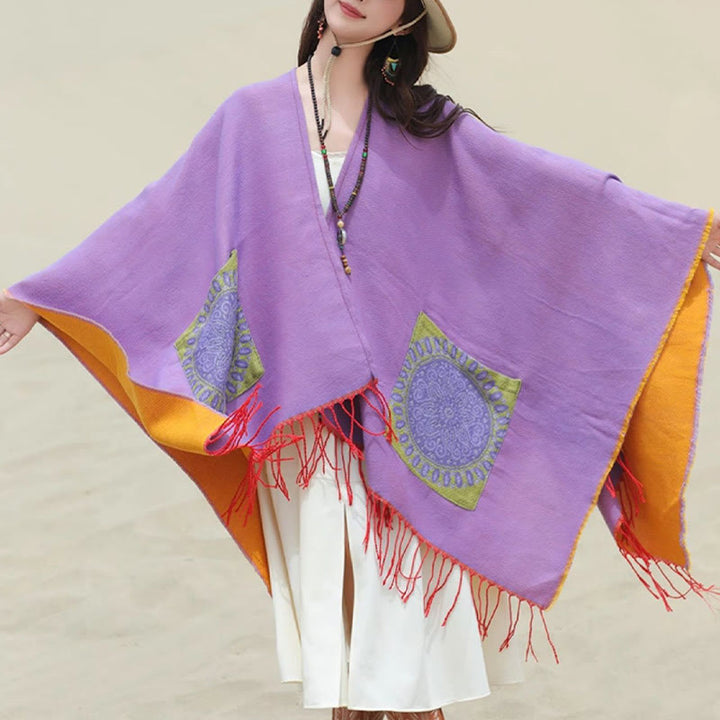 Buddha Stones con nappe, scialle avvolgente con tasche, motivo geometrico rotondo mandala tibetano, autunno inverno